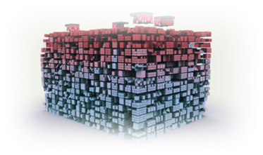 AutoStores cube storage in action. A cube with a "heat map" of activity. Red depicts the frequently used items at the top of the storage. Blue, at the bottom, is the items that are infrequently visited.