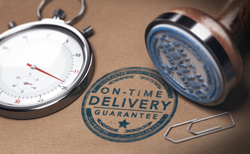On time delivery graphic with a stamp and a clock.