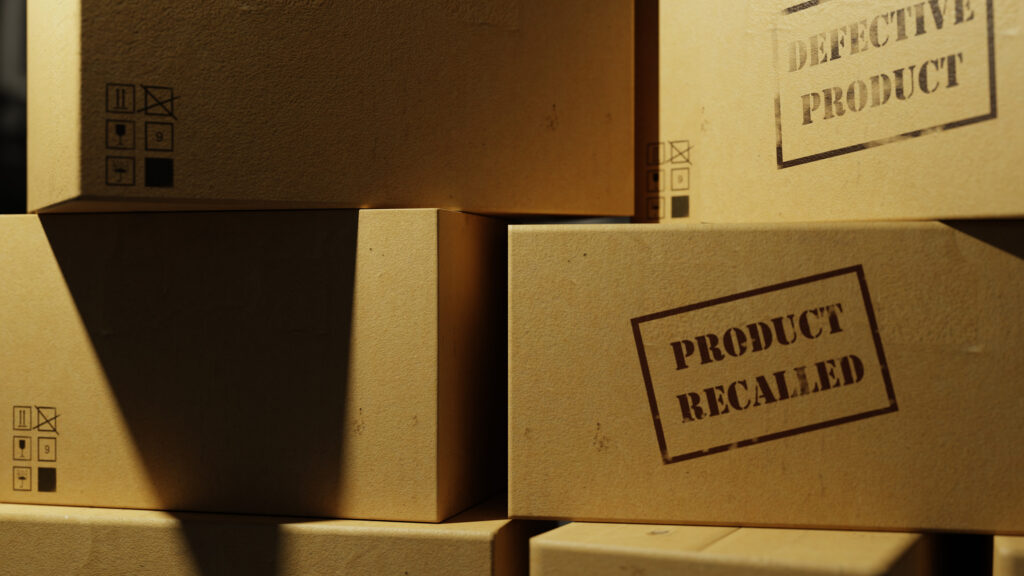 A stack of boxes with a "product recall" stamp on the front.